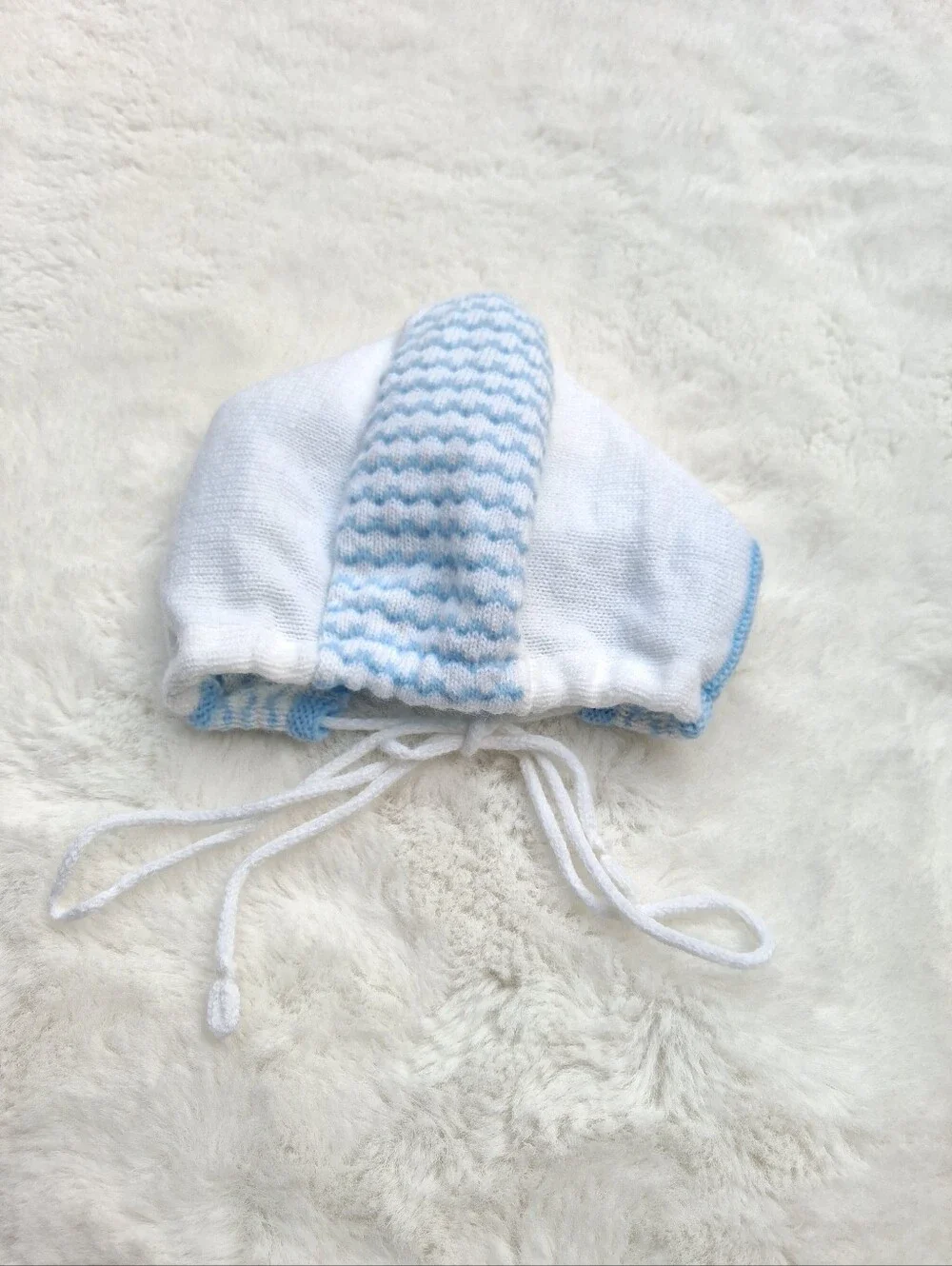 Baby Knit Bonnet in White and Light Blue - Kids Accessories Size 3-6m